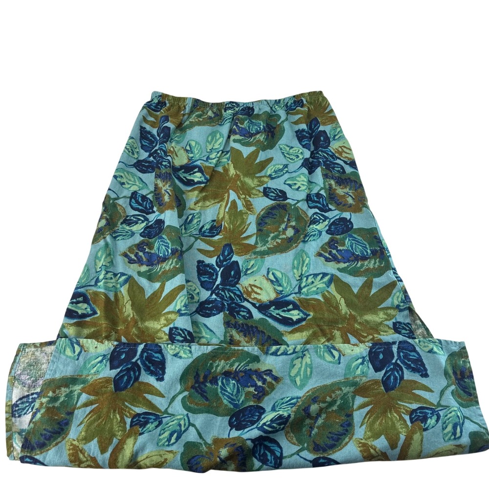 N Touch Women Blue Green Tropical Print Linen Blend Elastic Waist Maxi Skirt